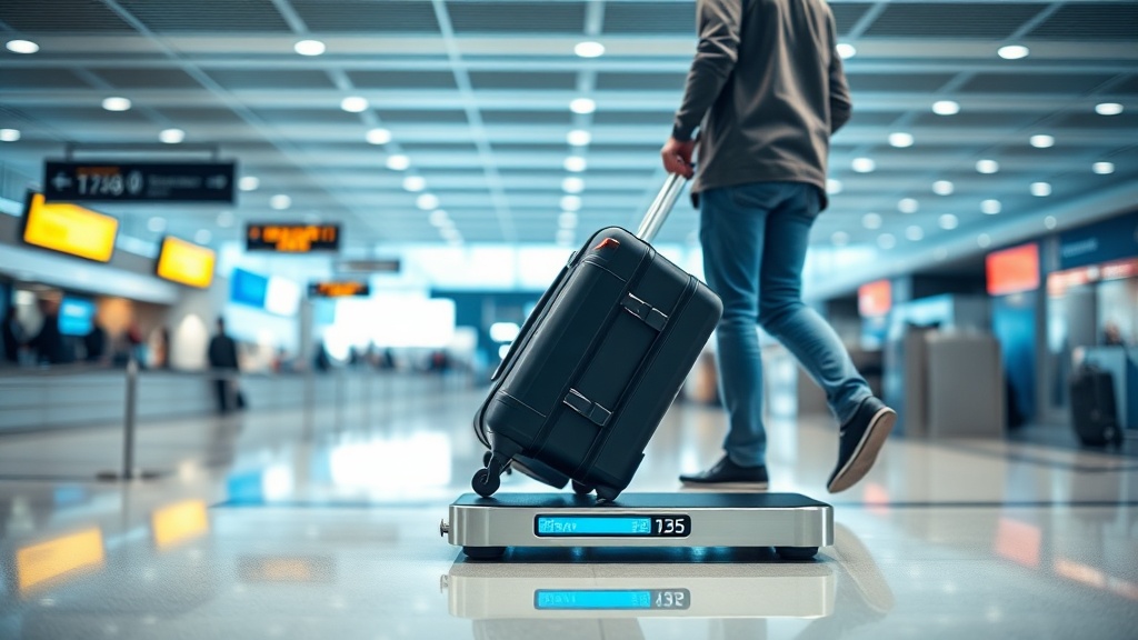 공항 체크인 카운터에서 승객이 여행 가방을 디지털 저울 위에 올려놓고 무게를 측정하는 장면