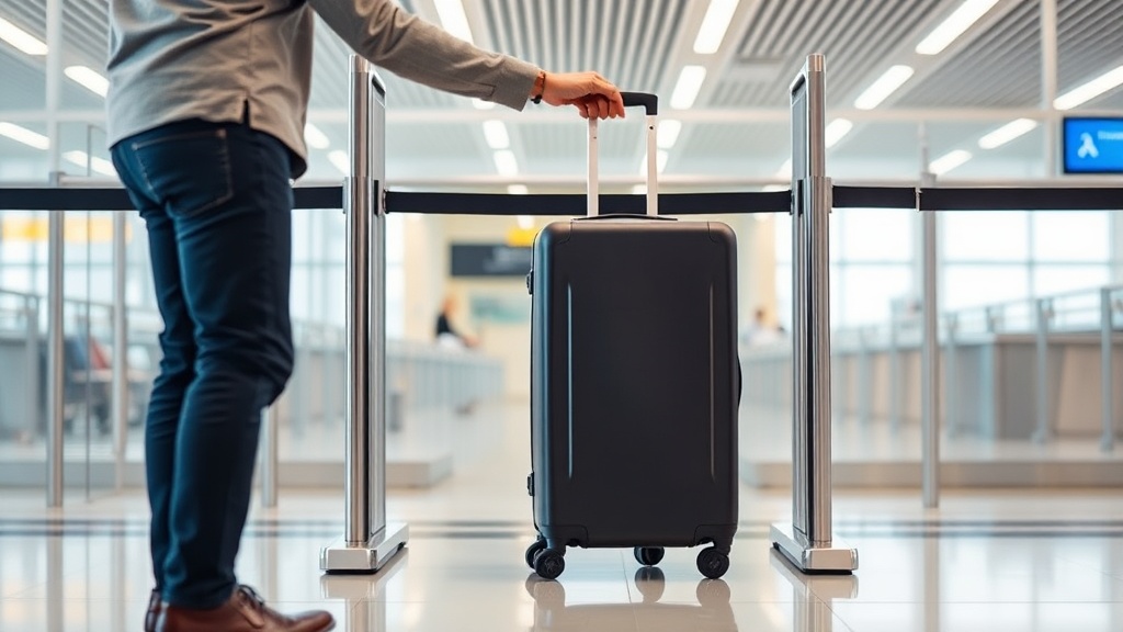 공항에서 승객이 기내 수하물을 금속 프레임 형태의 크기 측정 도구 안에 넣어 확인하는 장면
