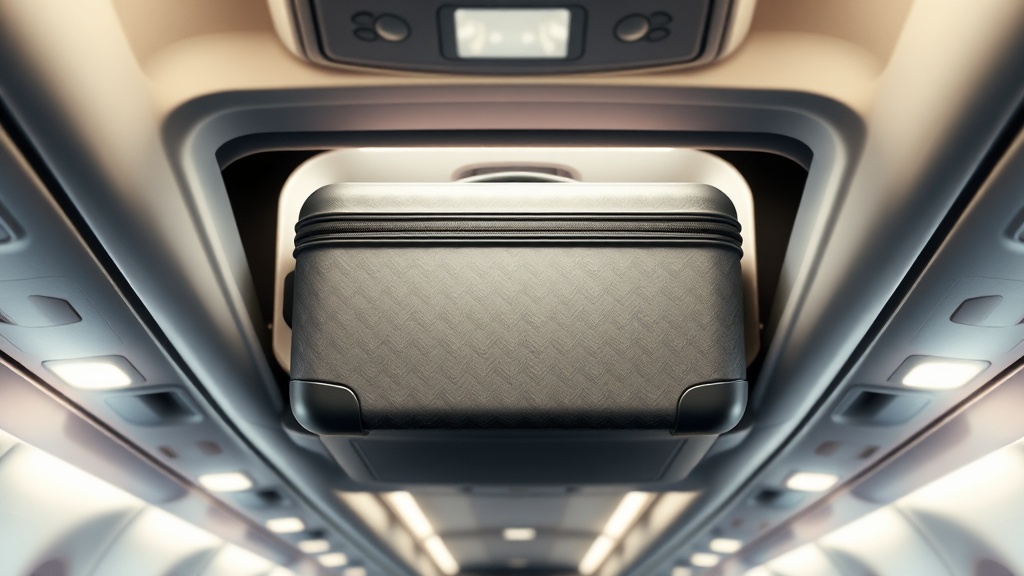 항공기 객실 내부의 좌석 상단 수납 선반에 승객이 기내 수하물을 보관하는 장면